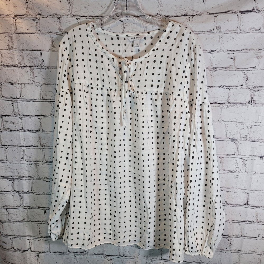 Nine West Blouse Womens XXL White Black Polka Dot Excellent Tie Neck Peasant